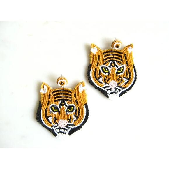 Tiger Face Beaded Earrings/Tiger Head Earrings/Gift for Her/Gameday/Grad Gift - Picture 2 of 2